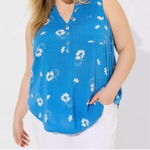 Torrid Blue Rayon Slub Collared sleeveless pullover dotted daisies floral 1x